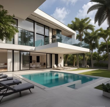 An elegant villa with a swimming pool.