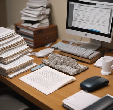 a desk holding a pile of scripts, and a pc turned on showing a script