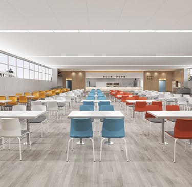Large cafeteria setup with multicolored Rita chairs arranged in rows