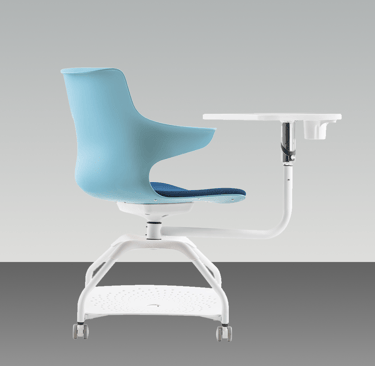 Student chair with writing tablet and wheels, blue seat and white frame