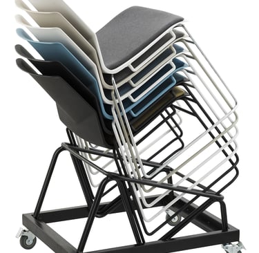 Stackable chairs on a mobile trolley for easy transport and storage