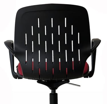 Conference swivel chair, uphlstered seat, flexible plastic back.