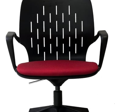 Conference swivel chair, uphlstered seat, flexible plastic back.