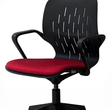 Conference swivel chair, uphlstered seat, flexible plastic back.