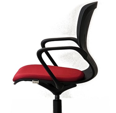 Conference swivel chair, uphlstered seat, flexible plastic back.