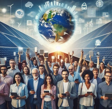 a group of people standing in front of solar panels