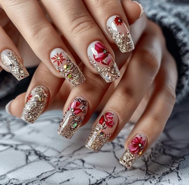 a woman's hand painted nails with a flower design