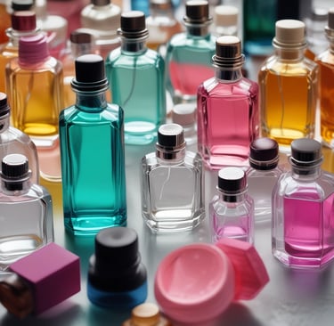 A collection of personal care items and accessories arranged on a table. There are several colorful bottles, including pink, blue, and teal perfumes, positioned on a multicolored woven mat. A glass diffuser with reeds is also visible. To the side, a small striped dish holds a gold watch and a decorative item. A large green leaf partially frames the scene.