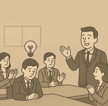 A cartoon illustration of a man delivering a presentation to an engaged audience of diverse individu