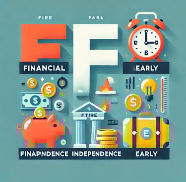 A modern infographic-style illustration explaining the FIRE (Financial Independence, Retire Early)