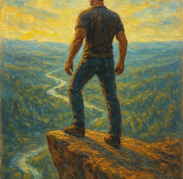 rough oil painting of a masculine man at a mountain edge