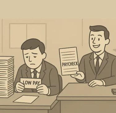 Two suited men at a desk, engaged in conversation while examining their paycheck