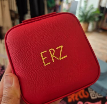 Leather debossing on jewelry case by Handwritten by Belle.