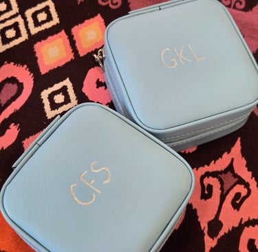 Silver hot foiling on jewelry cases by Handwritten by Belle.