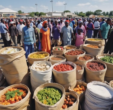 An overflowing donation bin with clothes spilling out onto the wet pavement. It is placed in a parking lot under overcast skies, surrounded by barren trees and parked vehicles.