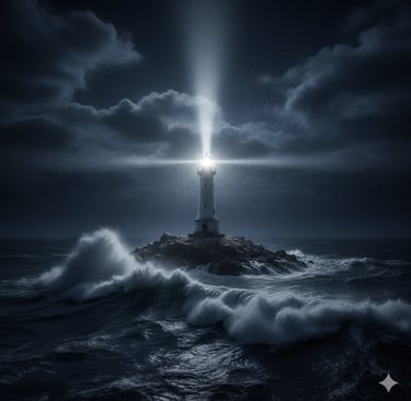 荒波が打つ夜の海辺に立ち、暗闇を明るく照らし出す一本の灯台の風景