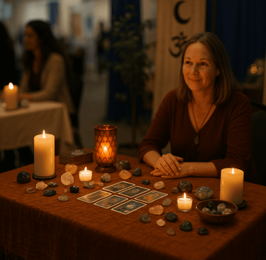 un stand de salon spirituel avec bougies, cartes, pierres et une ambiance tamisée