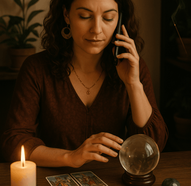 une voyante au téléphone, entourée de cartes, d’une boule de cristal, de bougies et de pi