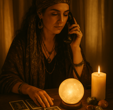 une voyante bohémienne au téléphone, entourée de cartes, d’une boule de cristal, de bougies et de pi