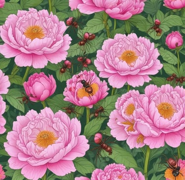 peony flowers with ants all over them