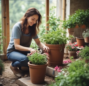 woman clipping flowers in a flower container