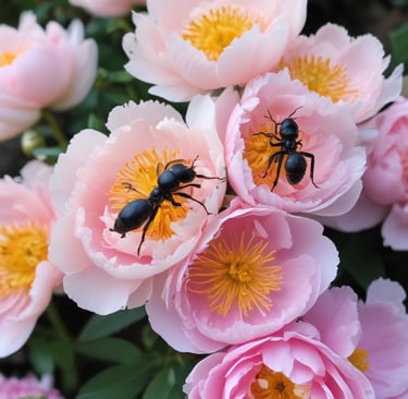 peony flowers being eaten by ants
