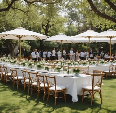 summer wedding preparations with service staff