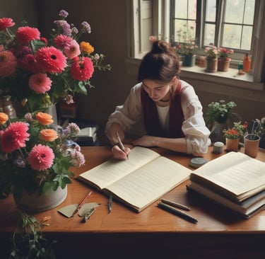 woman sat at desk writing in book