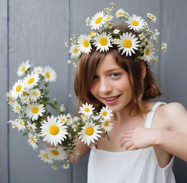 a girl with a flower crown on her head