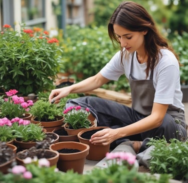 woman caring for small flowers in container