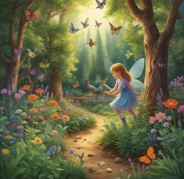magical flower garden with girl and fairies