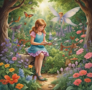 young girl sat down in fairy flower garden