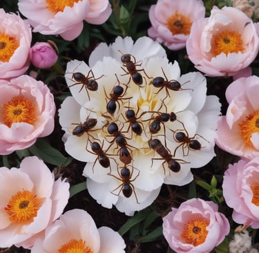 many dead ants lying on their backs near some peony flowers