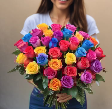 rainbow roses being presented by woman