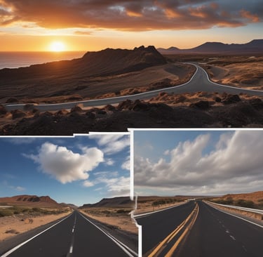 a series of four different images of a road