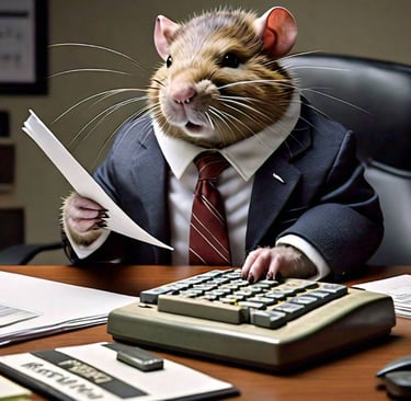 imagem mostra a ilustração de um rato trabalhando num escritório