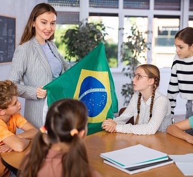 imagem de uma sala de aula com alunos e professor ensinando