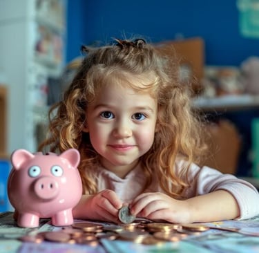 imagem de uma criança juntando suas primeiras economias no seu cofrinho.
