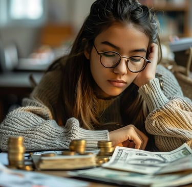 jovem cansada de se preocupar com suas finanças.