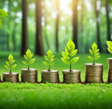 imagem de moedas com plantas em cima referindo a finanças verdes. uma alusão