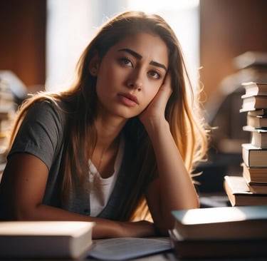 imagem representando  a geração Z . uma menina sentada cheia de livros ao seu redor . 