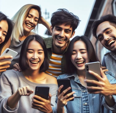 jovens reunidos interagindo com seus celulares nas redes sociais .
