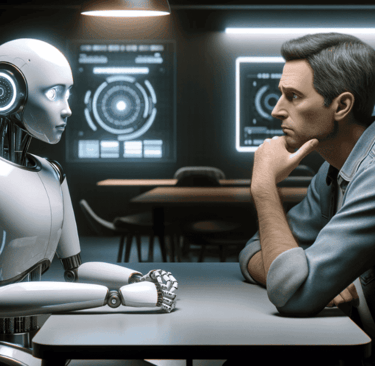 Imagem mostra um humano conversando com um robô