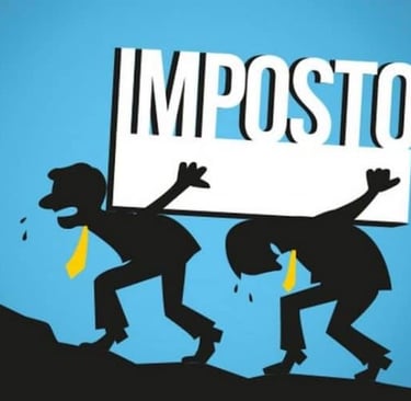 imagem ilustra dois bonecos carregando uma placa escrito imposto.