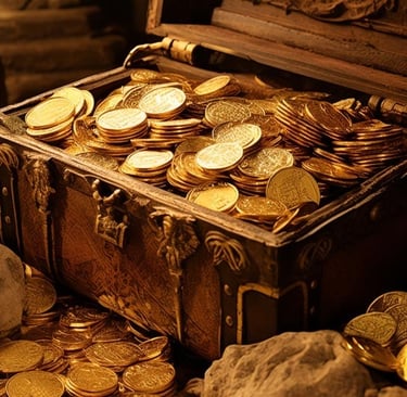 imagem mostra um baú cheio de moedas de ouro uma fortuna .