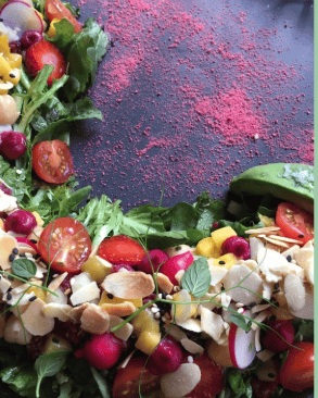 a salad with tomatoes and cheese on a plate at the woman's retreat in Mexico