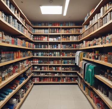 A traditional shop selling various dried goods, with shelves full of jars and containers. Two men interact in the brightly lit store, surrounded by an array of packaged products and handwritten signs displaying prices. Hanging light bulbs add a warm glow to the bustling environment.
