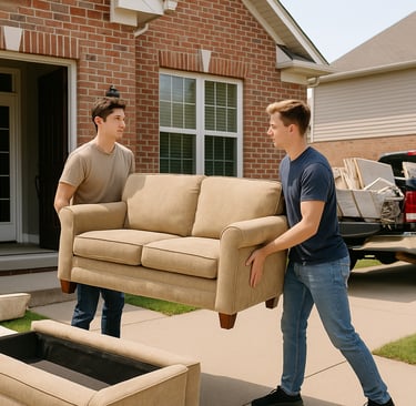 Two men removing a couch from a suburban home – start a junk removal and hauling business for cash