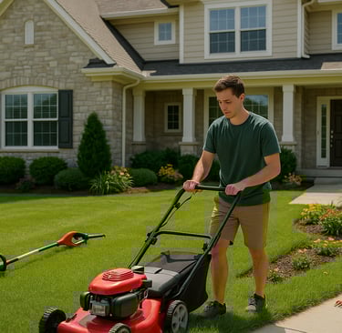 Man mowing suburban lawn with gas mower — lawn care business, landscaping services, profitable outdoor side hustle for homeow