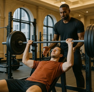 Personal fitness trainer spotting client lifting weights at gym — start a profitable personal training side hustle